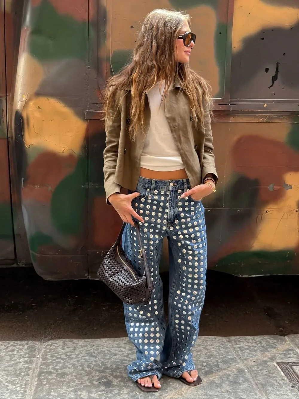 Light Blue Studded Denim Jeans - Picture 1 of 13
